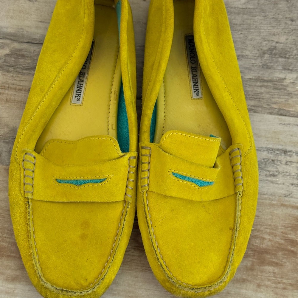 Manolo Blahnik Bright Yellow Suede Loafers